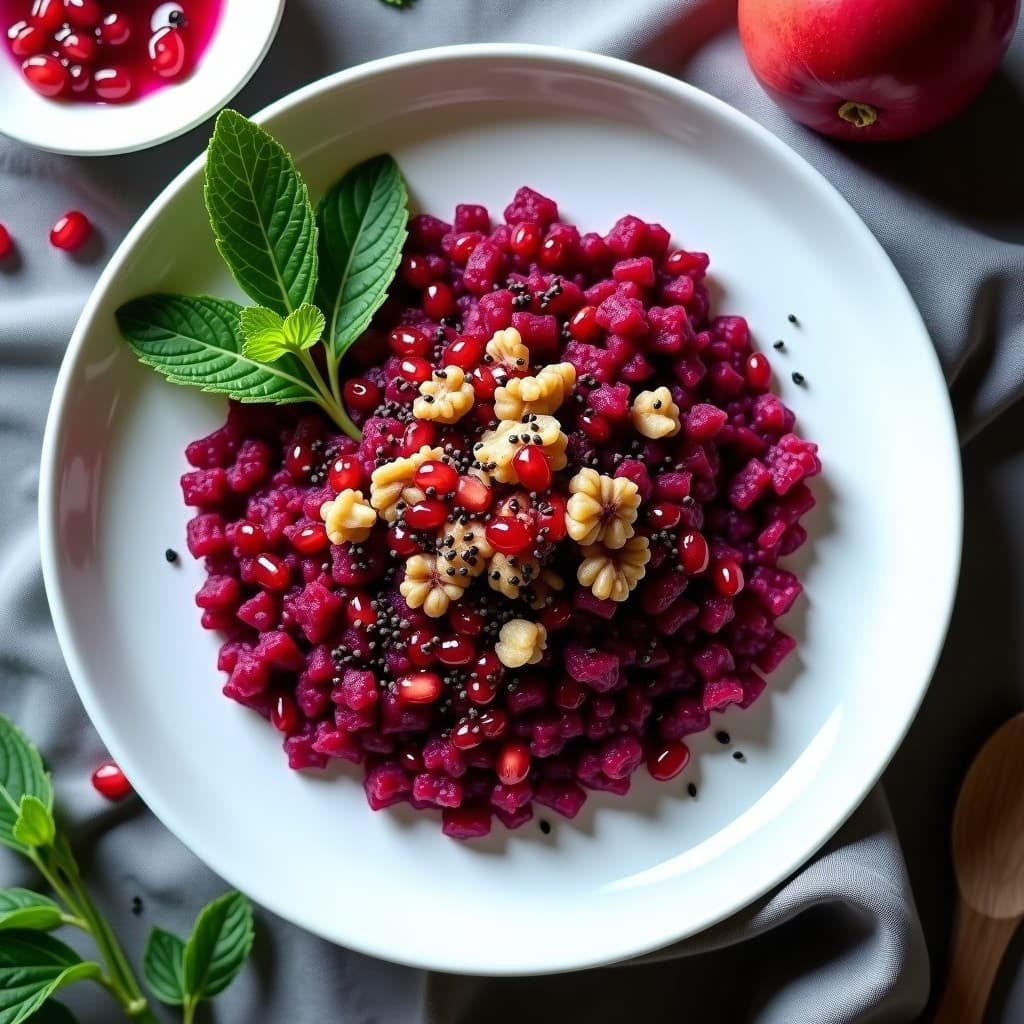 Plato blanco ovalado con tartar de remolacha morada en dados finos, nueces tostadas troceadas, semillas de granado rojas brillantes y hojas de menta fresca. Vinagreta de granado vertida en espiral sobre el tartar, con ralladura de limón y sal en escamas como toque final. Fondo neutro con luz natural que resalta los colores vibrantes.