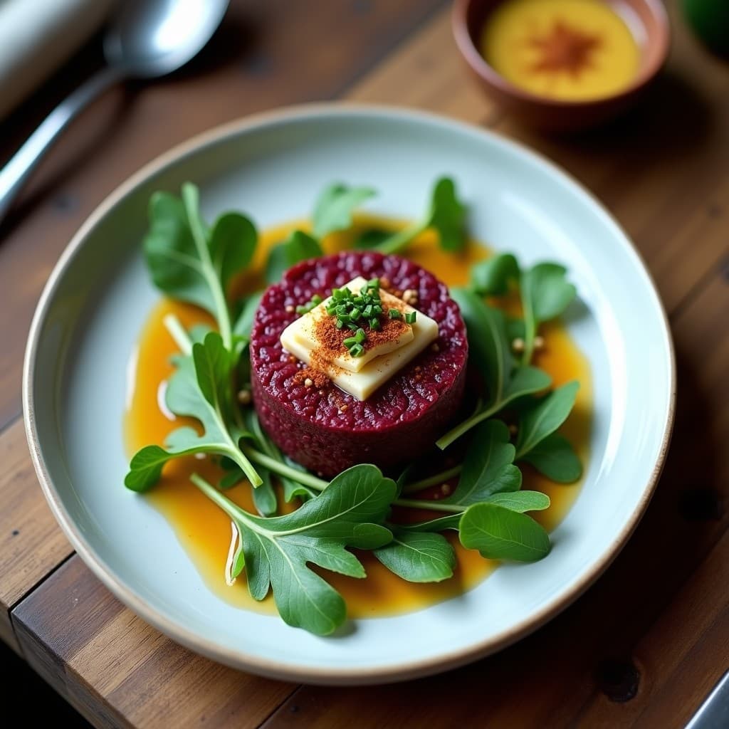 Tartar de remolacha asada y queso de cacahuete vegano servido en anillo de cocina sobre base de rúcula, con vinagreta dorada y cebollino picado. Presentación elegante con capas visibles de remolacha morada y queso cremoso color beige.