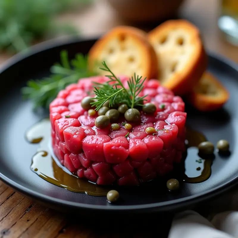 Tartar de remolacha y salmón ahumado servido en molde metálico sobre plato negro, con decoración de eneldo fresco y hilo de aceite de oliva.