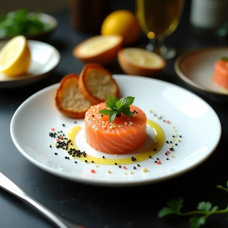 Plato blanco minimalista con tartar de salmón fresco en dados, bañado en aceite de wasabi y decorado con ralladura de limón kaffir, semillas de sésamo negro y algas nori tostadas. Entrante japonés de alta cocina con toques cítricos y picantes.