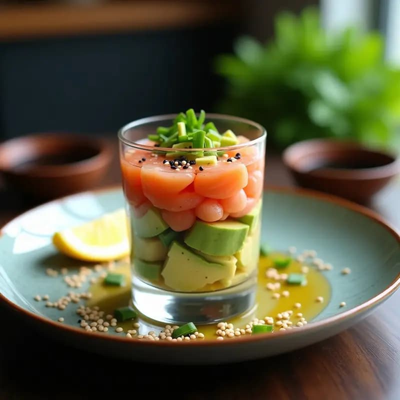 Tartar de salmón y aguacate con limón servido en copa de cristal, decorado con semillas de sésamo y cebollino, sobre fondo oscuro.