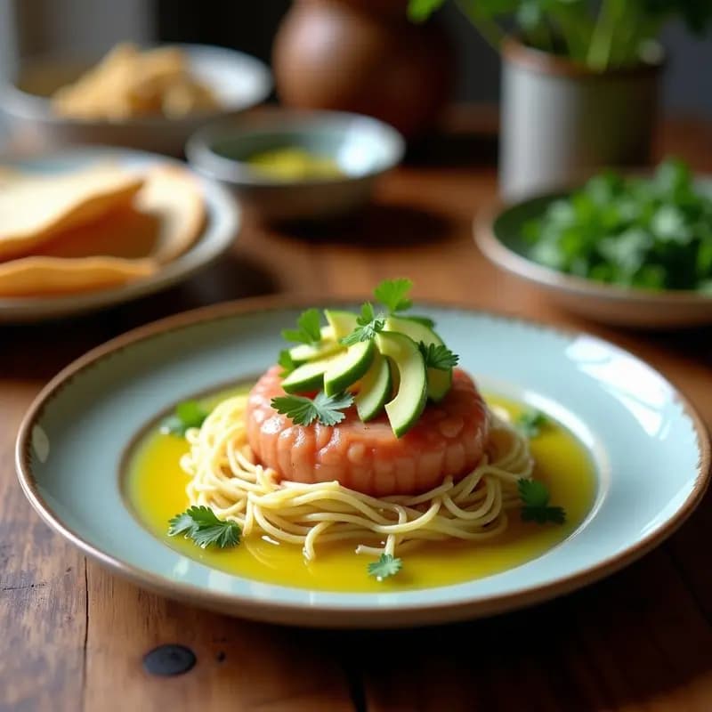 Tartar de salmón y aguacate sashimi grade servido en tostadas de pan de centeno, decorado con semillas de sésamo negro y cebollino fresco sobre fondo oscuro.