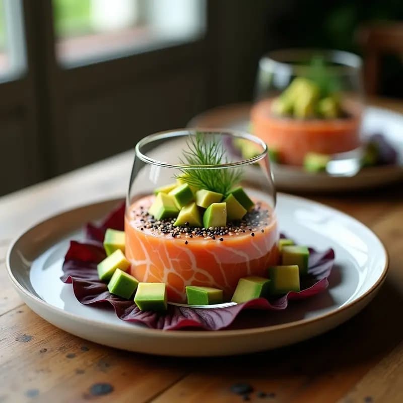 Plato blanco minimalista con tartar de salmón y aguacate en forma de círculo, decorado con sésamo negro tostado, cebollino picado y yemas de huevo de codorniz, receta francesa sin gluten.