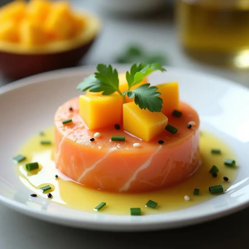 Tartar de salmón ahumado y mango servido en molde redondo sobre plato blanco, con decoración de hojas de cilantro, semillas de sésamo negro y hilo de aceite de sésamo. Entrada francesa exótica y elegante.