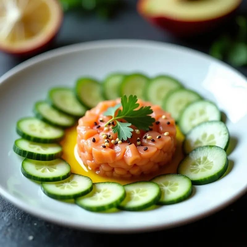 Plato blanco elegante con tartar de salmón ahumado y maracuyá en el centro, rodeado de crudités de pepino en abanico, semillas de sésamo y hojas de cilantro. Colores vibrantes entre el rosa del salmón, el amarillo de la maracuyá y el verde del pepino.
