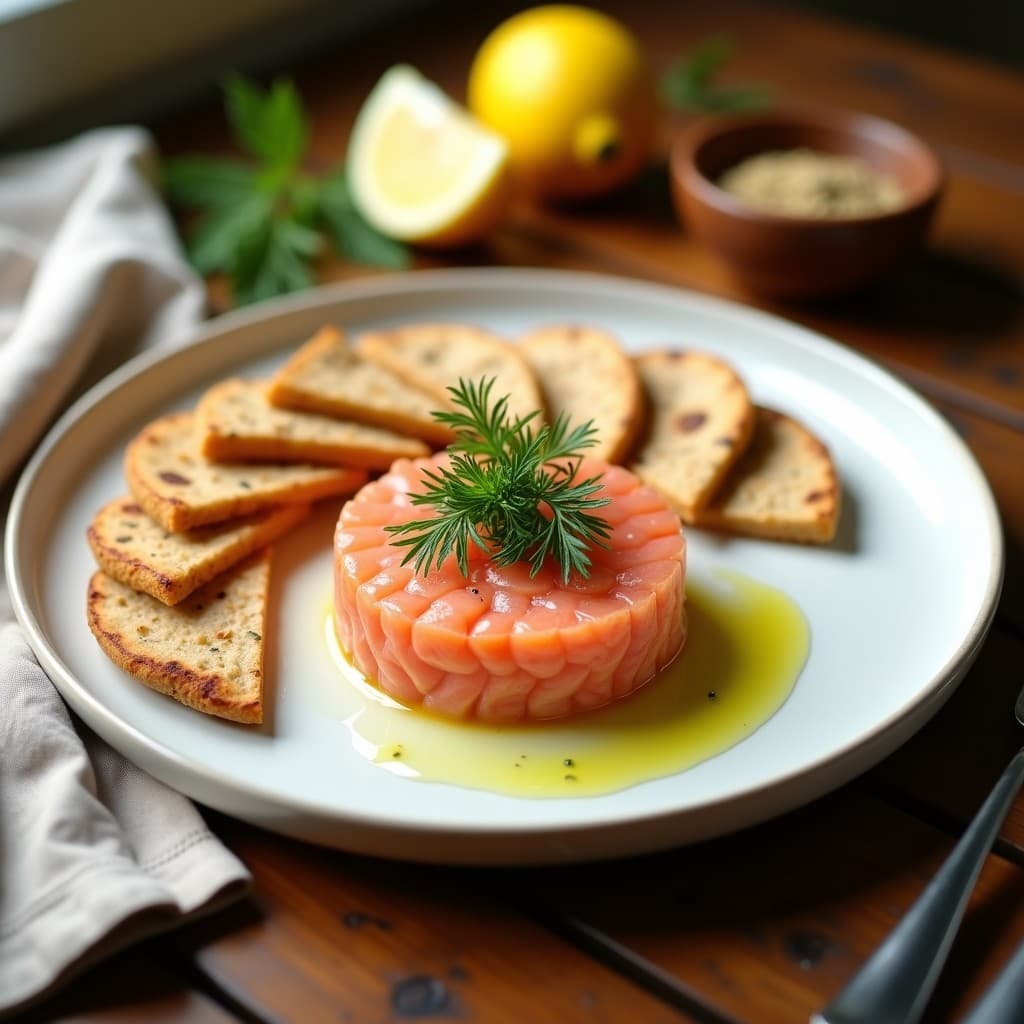 Plato blanco elegante con tartar de salmón ahumado en molde redondo, decorado con eneldo fresco y rodeado de triángulos dorados de pan de pita integral. Toque de zaatar y rodajas de limón al lado.