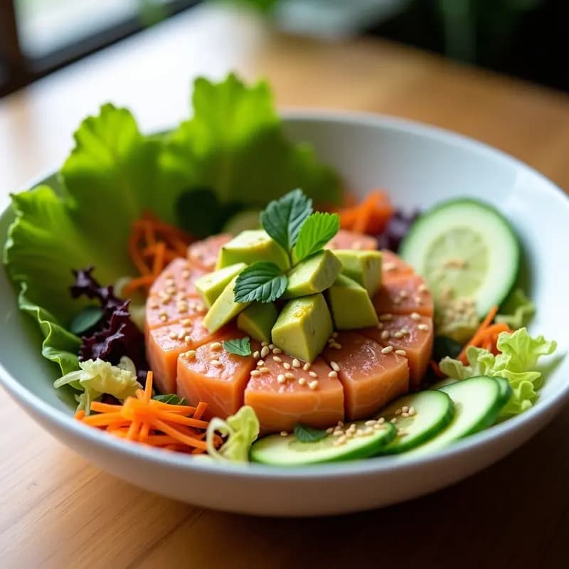 Bowl de cerámica blanca con tartar de salmón y aguacate en el centro, rodeado de lechuga morada, pepino y zanahoria rallada. Decorado con semillas de sésamo y hojas de cilantro.