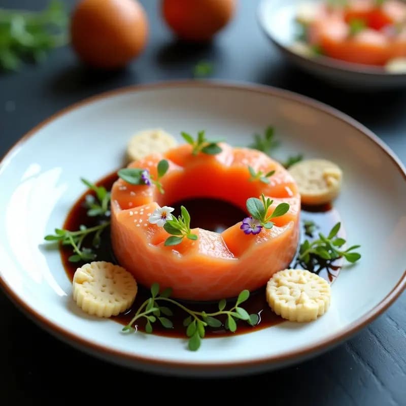 Plato de porcelana blanca con tartar de salmón fresco en el centro, trozos de lichi rosado alrededor, salsa de soja brillante y decoración de cebollino picado, estilo alta cocina francesa.