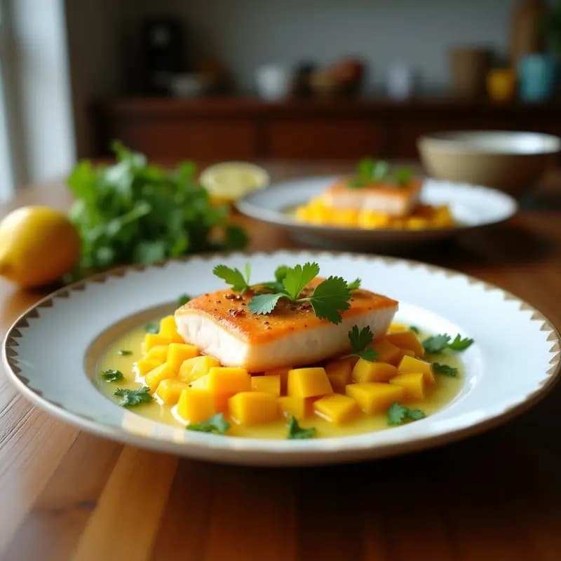 Tartar de salmón y mango estilo Nikkei servido en molde redondo sobre plato negro, con vinagreta de lima y cilantro, decorado con semillas de sésamo y alga nori, acompañado de hojas de cilantro fresco.