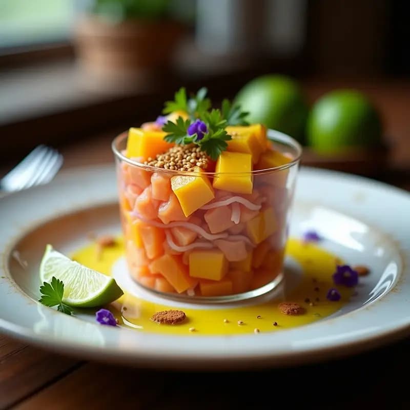 Plato blanco rectangular con tartar de salmón y mango en forma de anillo, decorado con semillas de sésamo negro, pimienta rosa y microgreens. Acompañado de tostadas de pan sin gluten y una vinagreta dorada de lima y ají amarillo al lado. Receta peruana fresca y ligera.