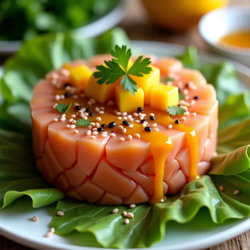 Tartar de salmón fresco en dados con cubos de mango maduro, decorado con semillas de sésamo negro y blanco, cilantro fresco y pimienta rosa, servido en un molde redondo sobre una base de hojas de lechuga, con un chorrito de vinagreta de sésamo brillante.