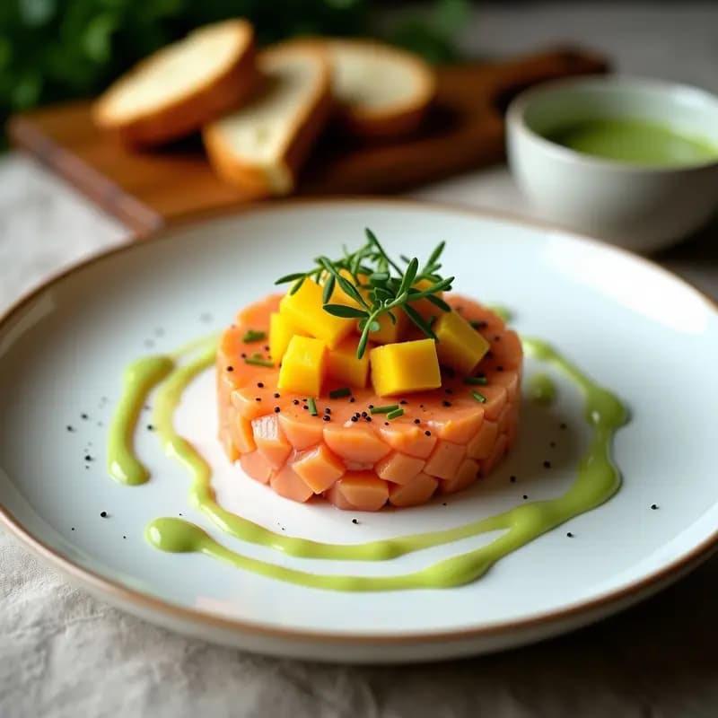 Plato elegante de tartar de salmón fresco cortado en cubos, mezclado con mango maduro en dados y decorado con salsa de wasabi cremosa. Acompañado de tostadas de pan de centeno y semillas de sésamo tostadas.