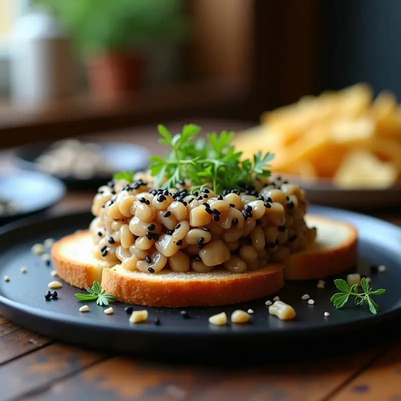 Plato de pizarra con tartar de seta ostra y hinojo servido sobre rebanadas de pan de centeno tostado, decorado con semillas de sésamo, algas nori y hojas de hinojo fresco.