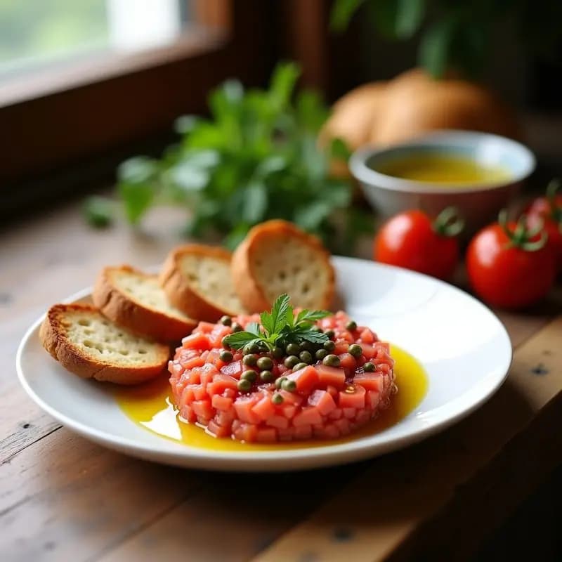 Plato blanco con tartar de tomate y ventresca de atún, decorado con perejil fresco y alcaparras, acompañado de tostadas de pan integral. Receta española fresca de tartar de tomate y ventresca con aliño de aceite de oliva.