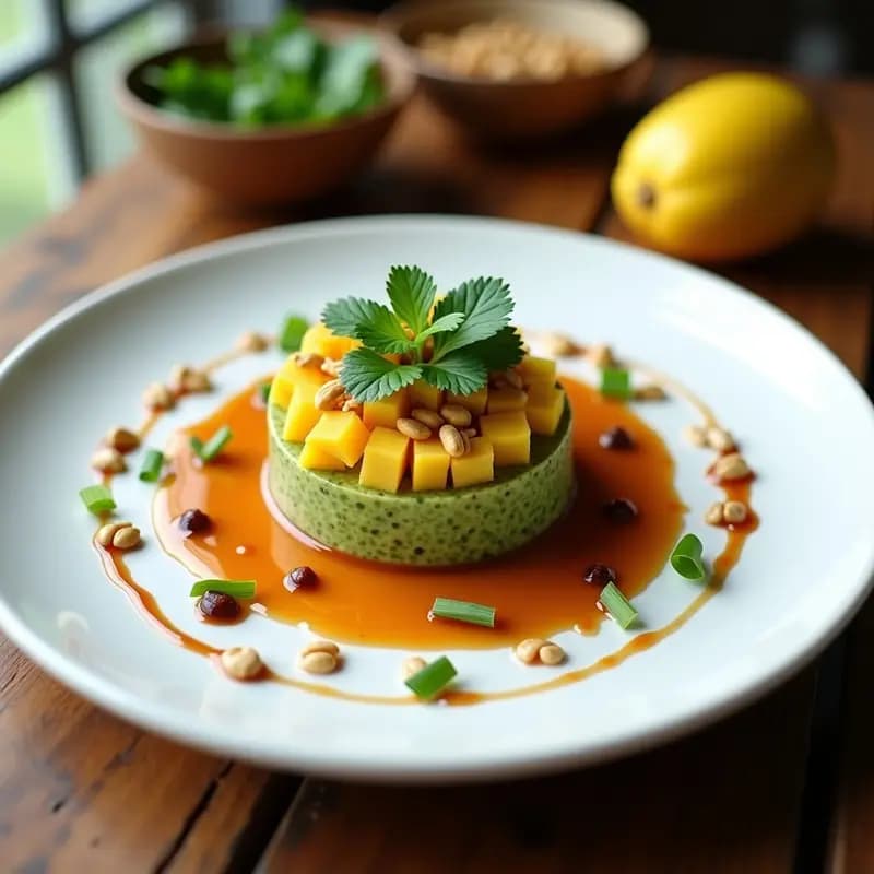 Tartar de tomate verde y mango con salsa hoisin servido en copa de cristal transparente, decorado con semillas de sésamo y hojas de cilantro, sobre fondo de madera rústica. Receta tailandesa crudivegana fresca y colorida.