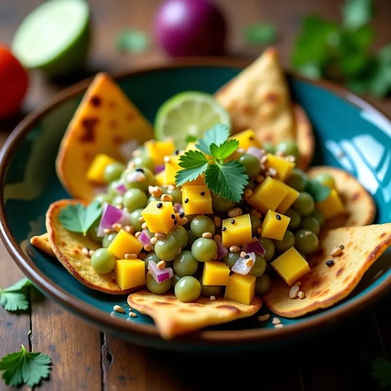Tartar de tomate verde y mango vegano servido sobre tortillas de maíz azul tostadas en forma de triángulo, decorado con cacahuetes picados y semillas de sésamo negro, con hojas de cilantro fresco al lado. Plato colorido con tonos verdes, amarillos y azules intensos.