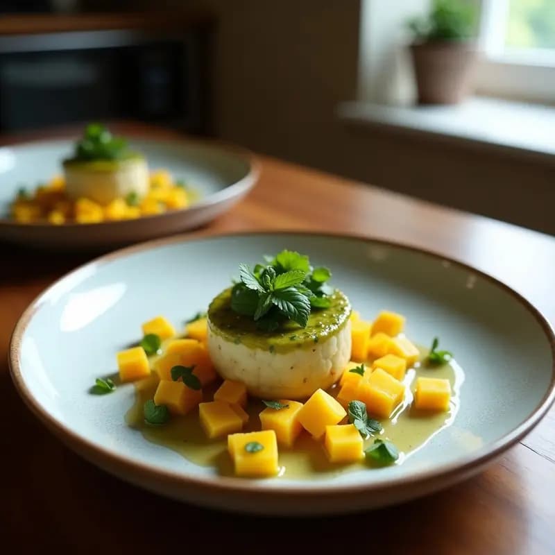 Plato blanco ovalado con tartar de tomate verde y mango en dados, bañado en vinagreta de hierbas provenzales, decorado con almendras laminadas y hojas de perejil fresco, sobre fondo rústico de madera clara.