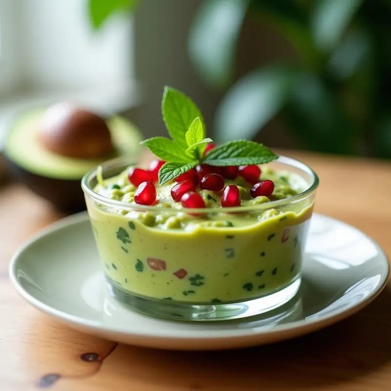 Tartare vegano de aguacate y alcachofa servido en copa de cristal con decoración de menta fresca y semillas de granada, receta alta en fibra y proteína.