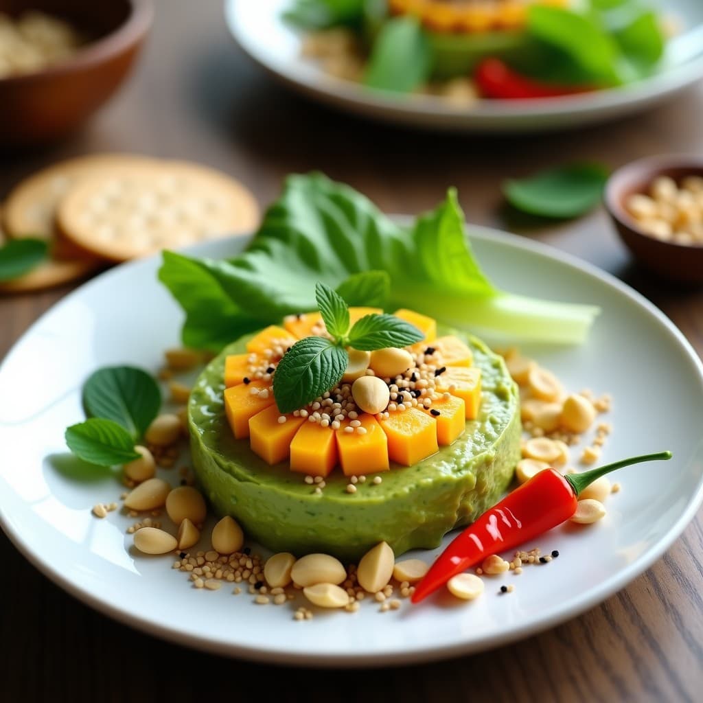 Plato blanco ovalado con tartare de aguacate y mango verde en molde redondo, coronado con crujiente de semillas de sésamo negro y blanco y cacahuetes picados. Acompañado de hojas de menta tailandesa y rodajas de chile rojo. Receta thai vegana fresca y colorida.