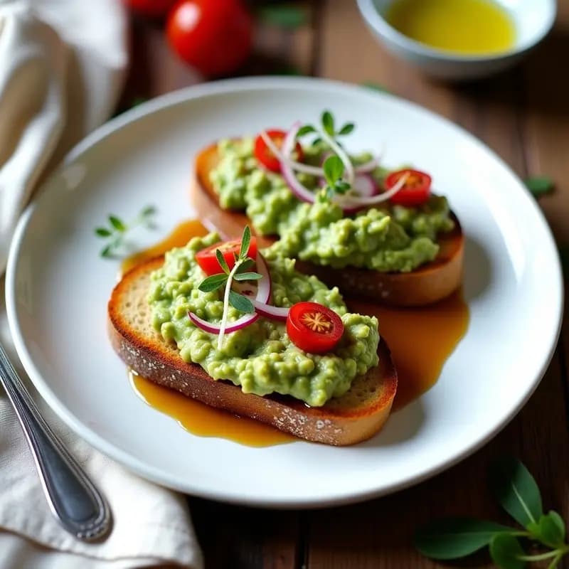 Plato blanco rectangular con tartare de aguacate y tomates secos vegano, servido sobre rebanadas de pan de centeno tostado, decorado con germinados de rábano y un hilo de vinagre balsámico, con fondo de mesa rústica de madera.