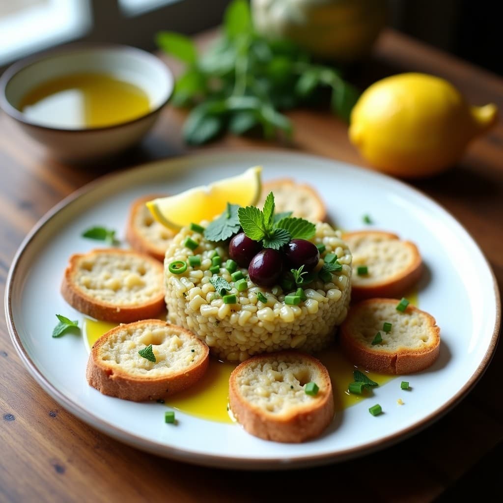 Tartare de alcachofa y aceitunas Kalamata con pan de semillas crudivegano, servido en rebanadas tostadas con decoración de menta fresca y semillas de sésamo.
