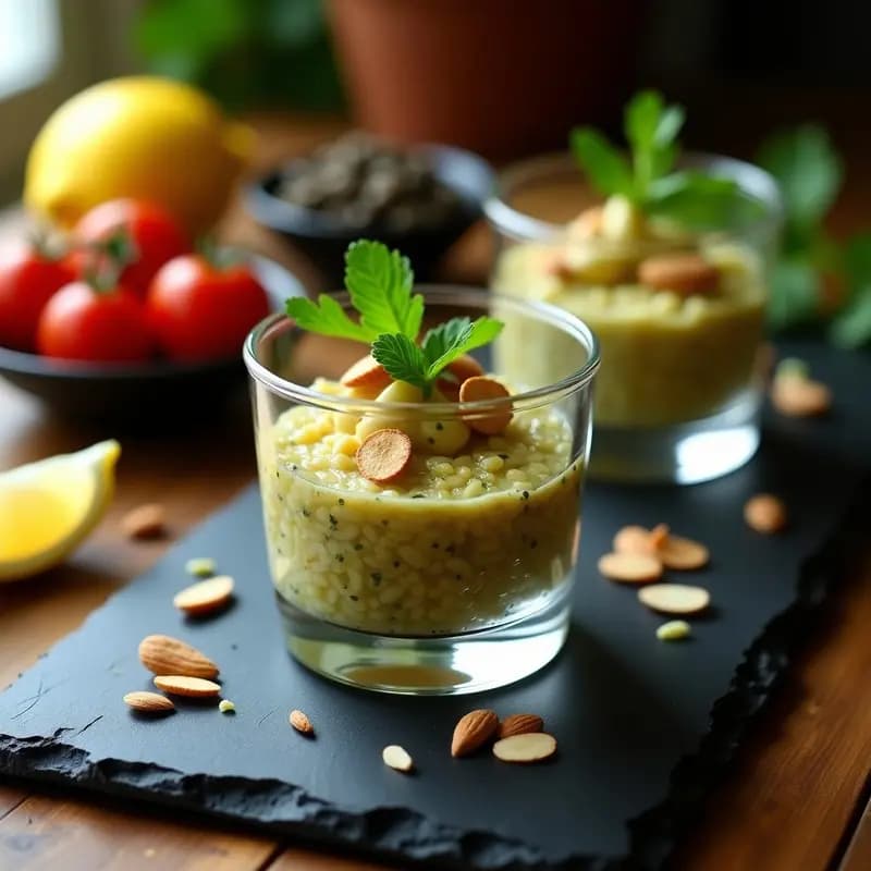Tartare de alcachofa y almendras crudivegano servido en copa de cristal sobre fondo oscuro, con almendras tostadas y perejil fresco como decoración. Receta francesa gourmet.
