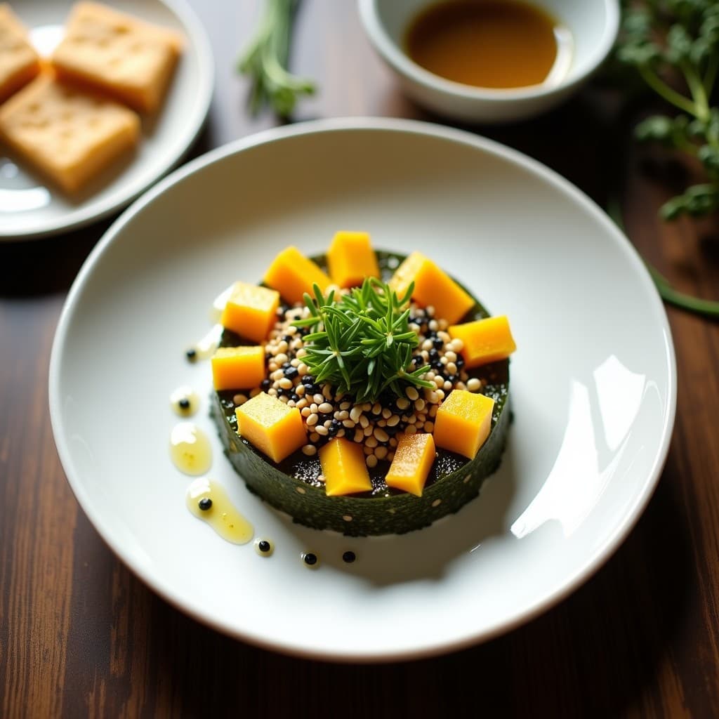 Tartare de algas nori y mango con vinagreta de yuzu servido en un plato blanco de porcelana, decorado con semillas de sésamo negro y cebollino fresco, con crackers de arroz al lado. Receta vegana japonesa alta en yodo.