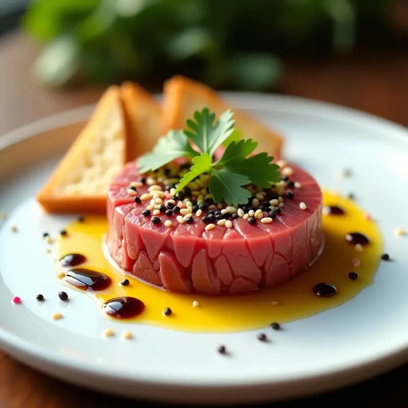 Tartare de atún rojo con aguacate y aceite de sésamo servido en molde redondo sobre plato blanco, decorado con semillas de sésamo, pimienta rosa y hojas de cilantro, acompañado de pan tostado en triángulos.