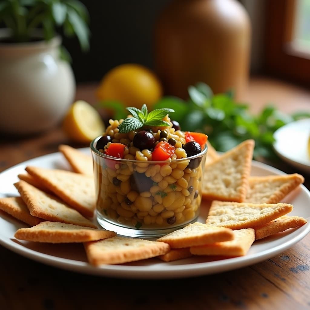 Tartare de champiñones portobello y aceitunas kalamata servido en copa de cristal con tostadas de pita integral, decorado con semillas de sésamo y hojas de menta fresca. Plato vegano sin cocción con toques griegos.