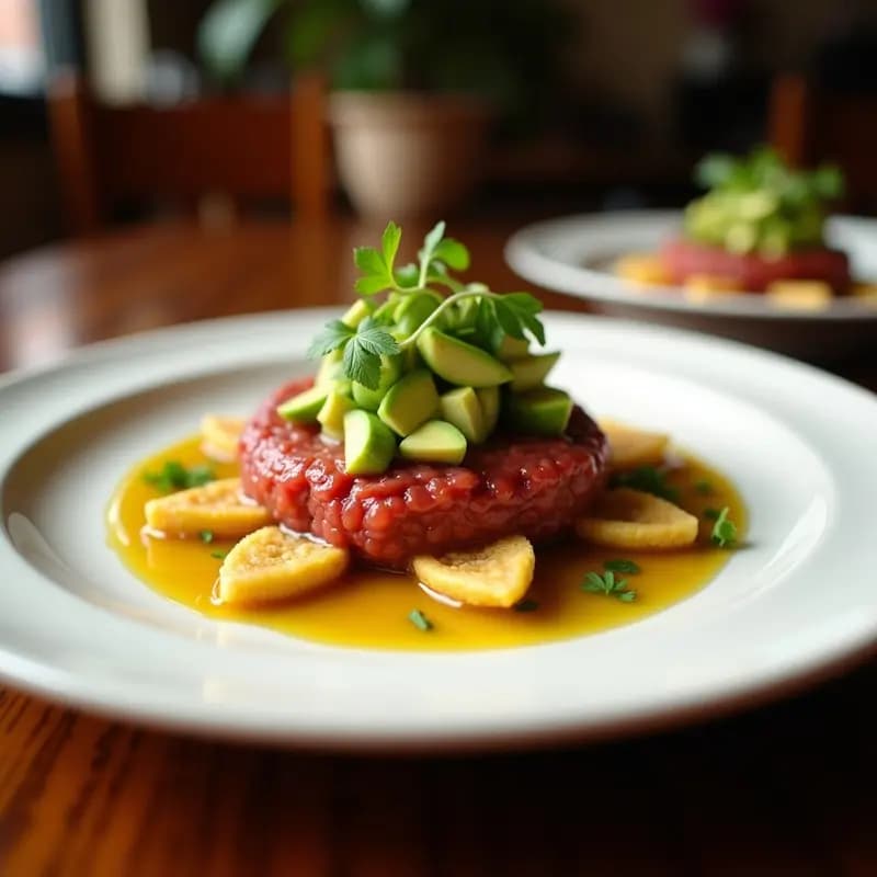 Plato blanco con tartare de remolacha y aguacate de color vibrante, servido sobre tortitas doradas de trigo sarraceno. Decorado con nueces picadas y perejil fresco, con un fondo rústico de madera.