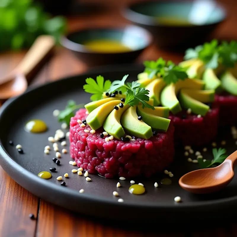 Tartare de remolacha y aguacate con vinagreta de wasabi servido en molde de cobre sobre tabla de madera oscura, decorado con semillas de sésamo negro y blanco, hojas de cilantro y un hilo de vinagreta. Plato fusion japonés-mexicano con colores vibrantes (morado, verde y crema).