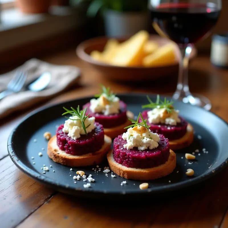 Plato de pizarra con tartare de remolacha ahumada en cubos, queso azul vegano desmenuzado y anacardos tostados sobre tostadas de pan sin gluten, decorado con cebollino fresco.