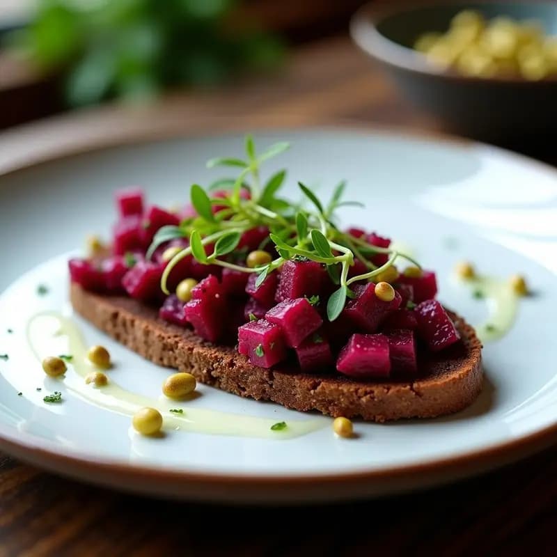 Plato blanco elegante con tartare de remolacha y pistacho vegano: base de pan de centeno tostado, remolacha en dados finos con pistachos troceados y microvegetales de rábano como decoración. Textura crujiente y colores vibrantes.