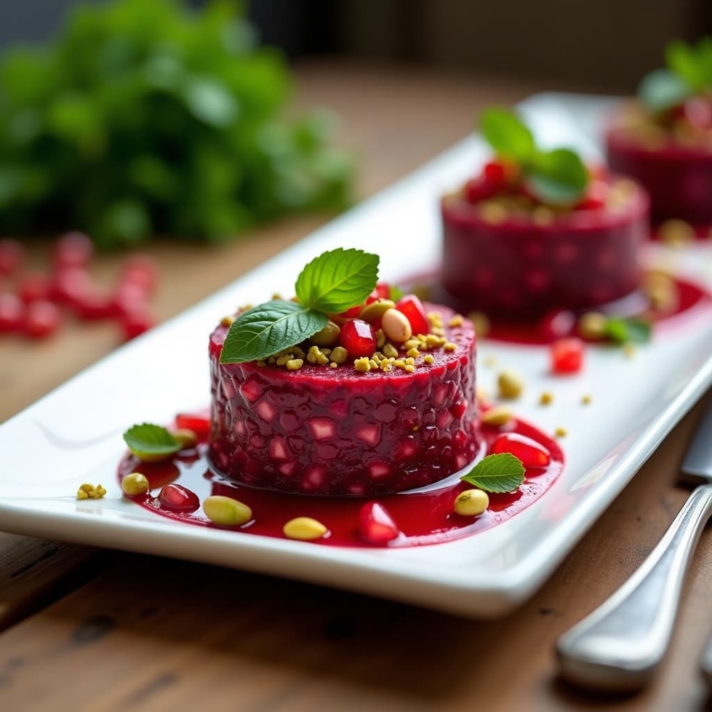 Plato blanco rectangular con tartare de remolacha y pistachos en forma de cilindro, decorado con semillas de granada rojas, hojas de menta fresca y virutas de pistacho tostado. Vinagreta de granado brillante alrededor y fondo de madera rústica.