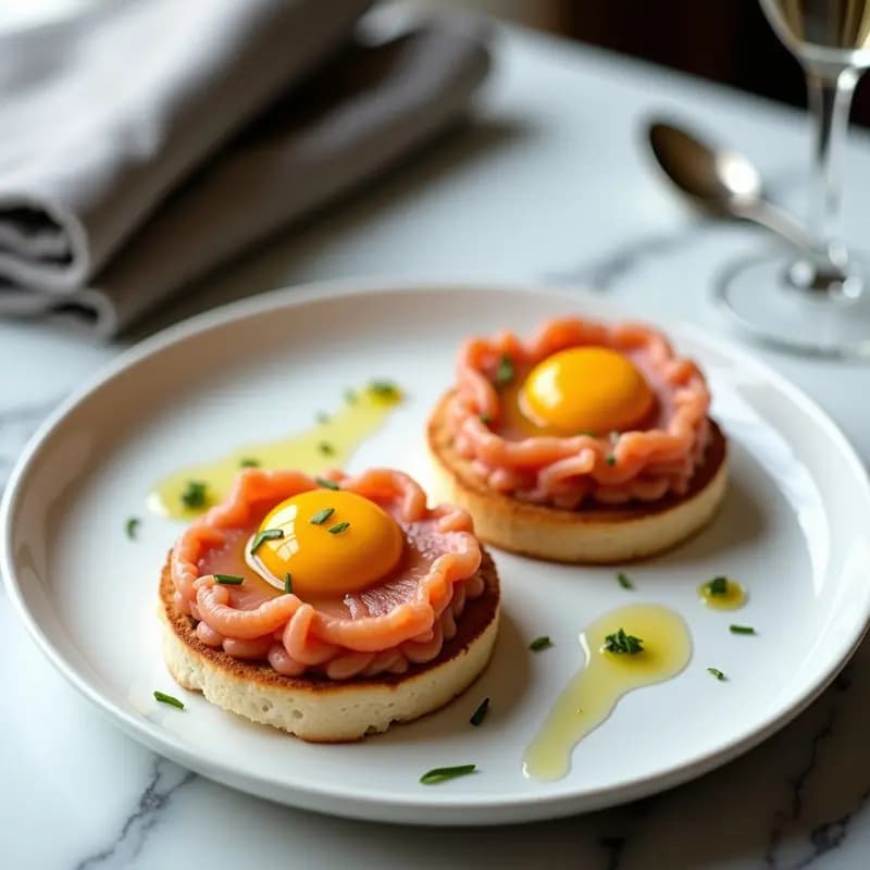 Plato blanco elegante con tartare de salmón fresco en dados rosados, coronado con yema de huevo líquida dorada, decorado con cebollino picado y alcaparras, acompañado de pan de centeno tostado y brotes de rúcula, receta francesa gourmet de tartare de salmón con aceite de trufa.