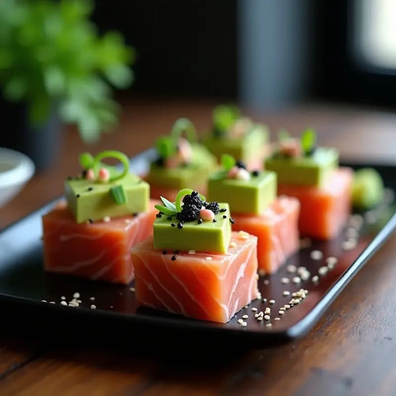 Tartare de salmón fresco con aguacate en cubos, servido en molde rectangular sobre plato negro, decorado con semillas de sésamo negro, copos de alga nori y vinagreta de wasabi. Entrante japonés fresco y elegante.