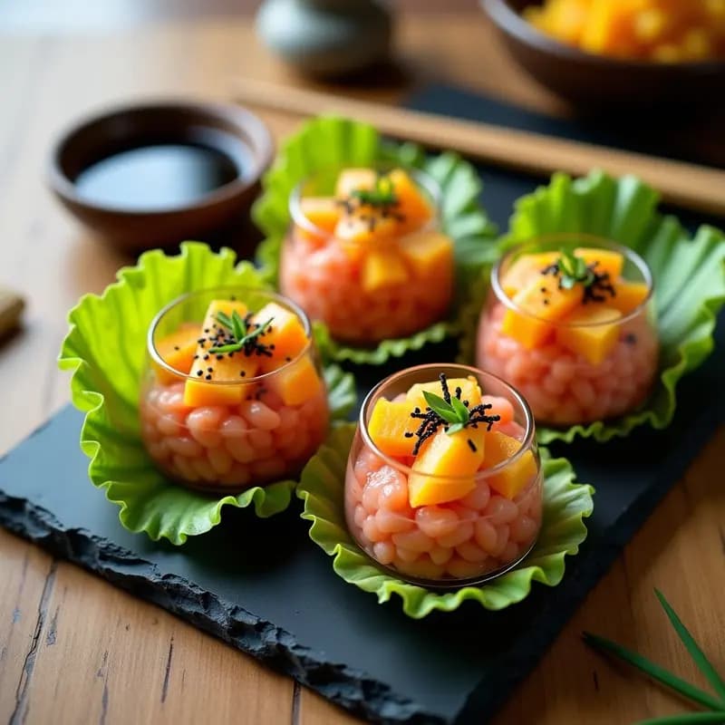 Tartare de salmón y mango con salsa de soja servido en copa de cristal transparente, con capas visibles de salmón fresco en cubos, mango dorado y decoración de semillas de sésamo negro y alga nori, sobre fondo oscuro con palillos japoneses.