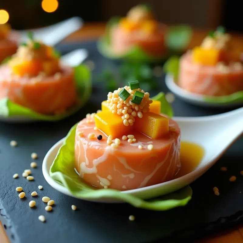 Tartare de salmón ahumado y mango con crujiente de sésamo servido en hojas de endibia, con decoración de cebollino y hilo de aceite de sésamo, aperitivo francés elegante y colorido.