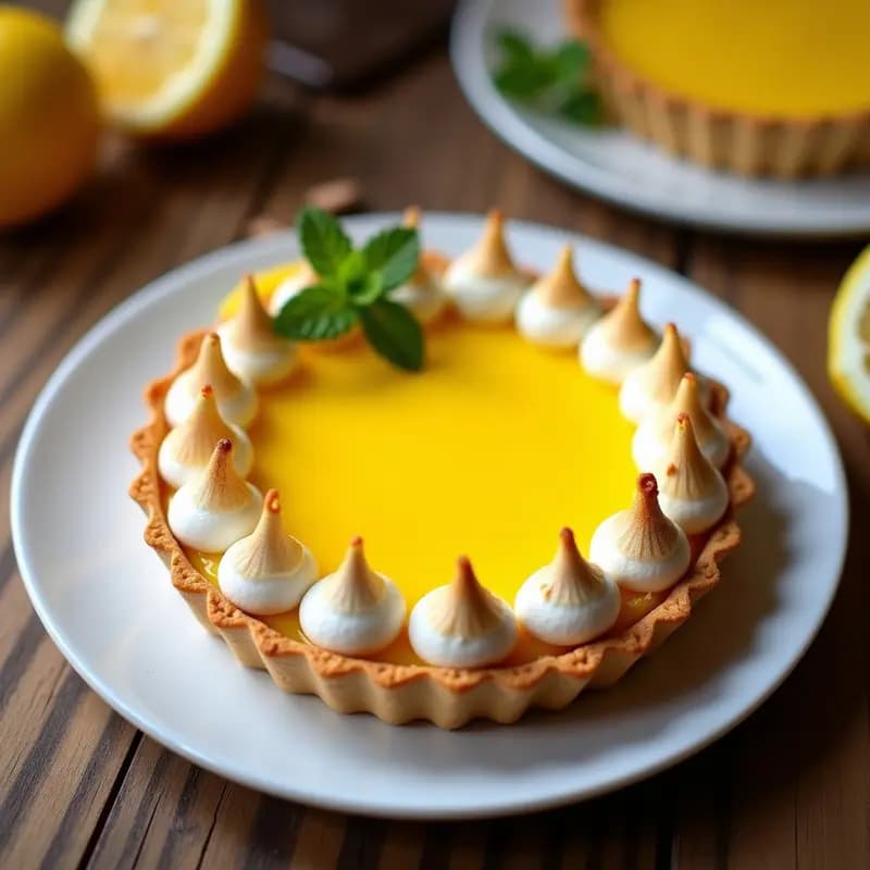 Tarte au citron francesa con base dorada de almendra, relleno de crema de limón amarilla brillante y merengue esponjoso tostado en picos, sobre un plato blanco con rodaja de limón.