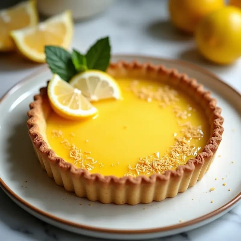 Tarte au citron con base dorada de almendra, relleno cremoso y brillante de limón, decorada con zest amarillo vibrante sobre un plato blanco rústico, con rodajas de limón fresco al lado.
