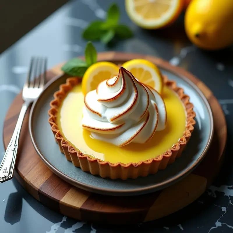 Tarte au Citron Francés con base dorada de almendra y coco, relleno cremoso de limón y merengue tostado en picos sobre un plato de porcelana blanca, acompañada de rodajas de limón fresco y hojas de menta.