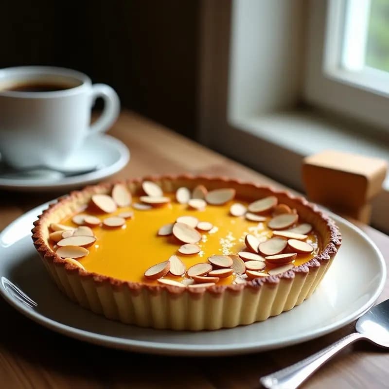 Tarte au Sucre Belga dorada y crujiente en molde redondo, con almendras fileteadas en la superficie y un fondo de azúcar moreno caramelizado, servida en porciones sobre un plato de porcelana blanca.
