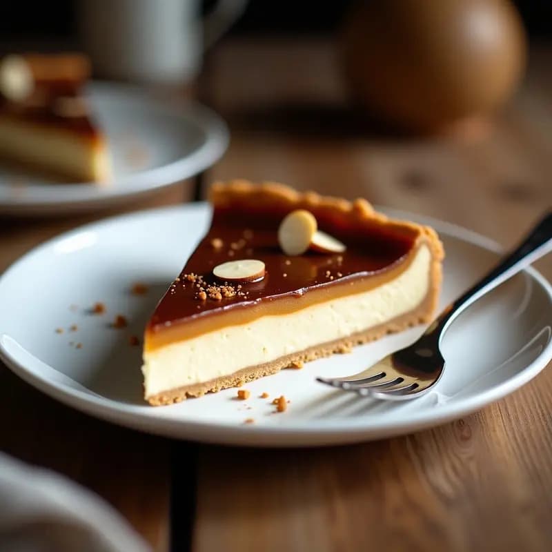 Tarta belga Tarte au Sucre con base crujiente de galleta, crema de almendras sedosa y capa de azúcar moreno caramelizado, servida en porción sobre plato blanco con fondo rústico.