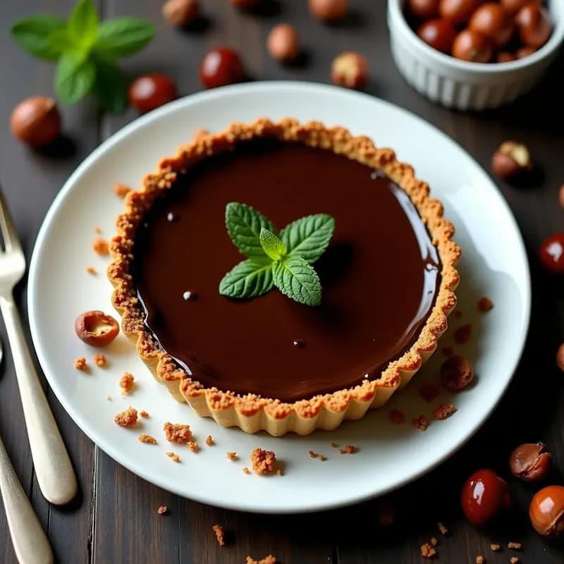Tarte au chocolat vegana con base oscura de dátiles y avellanas, relleno brillante de chocolate negro y decoración de avellanas picadas, servida en porción sobre plato blanco con fondo rústico.