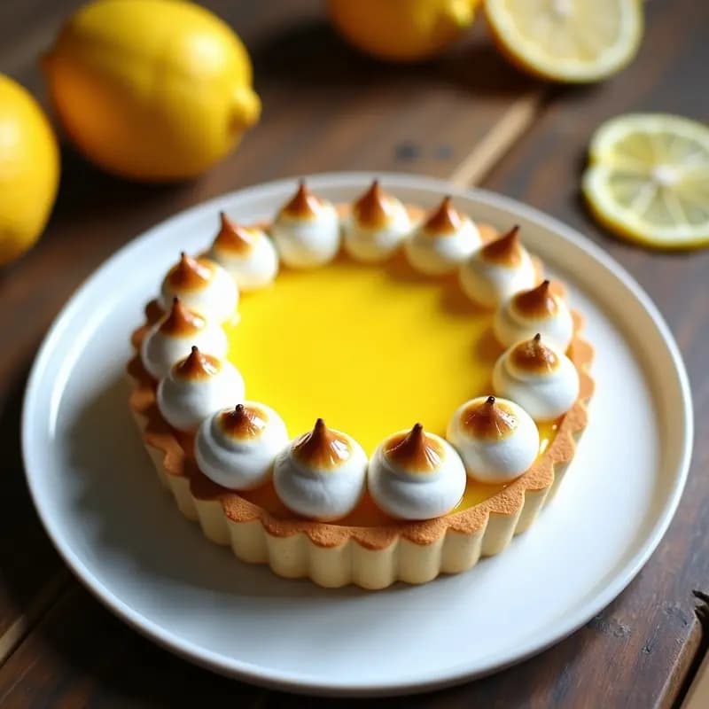 Tarte au Citron vegana y sin gluten con base dorada de almendra y coco, relleno cremoso de limón y merengue de aquafaba tostado, servida en plato blanco sobre fondo rústico.