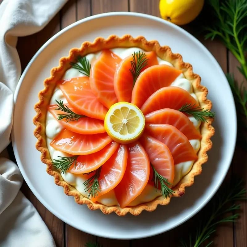 Tarta salada dorada con base de masa quebrada crujiente, relleno cremoso de queso y láminas de salmón ahumado rosado, decorada con eneldo fresco y rodajas de limón sobre un plato de cerámica blanca.