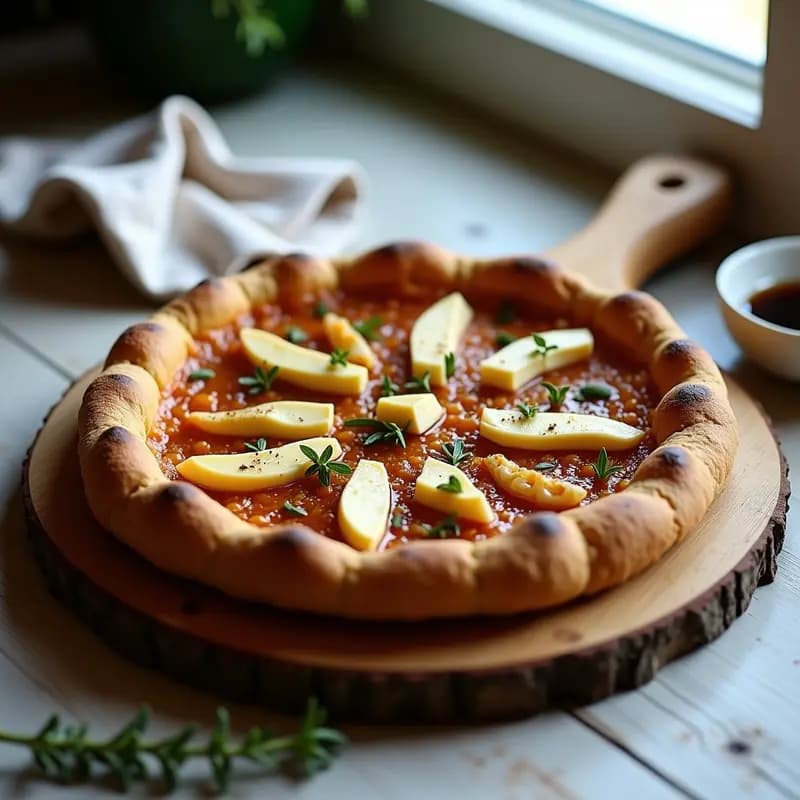 Tarte flambée alsaciana sin masa tradicional, con base dorada y crujiente de harina de garbanzo, cubierta de cebolla caramelizada al vino blanco y queso de cabra fundido, espolvoreada con semillas de sésamo y romero fresco.