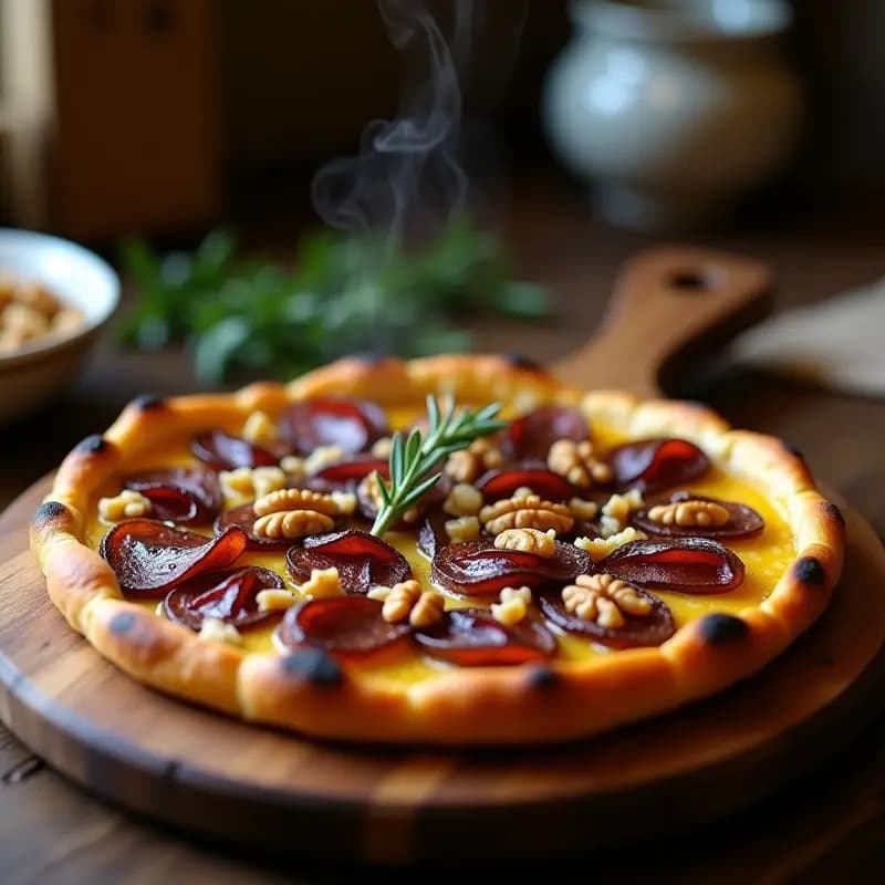 Tarte flambée alsaciana vegana con base dorada y crujiente, cubierta de cebolla caramelizada brillante, tocino de tempeh dorado, queso vegano derretido y nueces picadas, decorada con tomillo fresco sobre tabla de madera rústica.