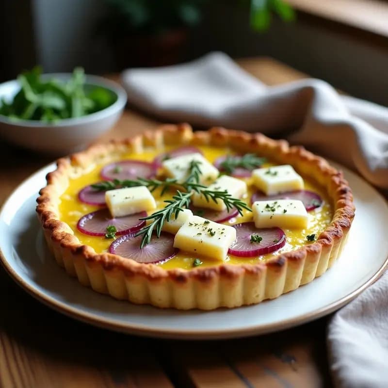 Tarte aux poireaux y queso de cabra sin gluten en horno, con base dorada de harina de almendra, rellena de puerros caramelizados y trozos de queso de cabra gratinado, decorada con tomillo fresco.