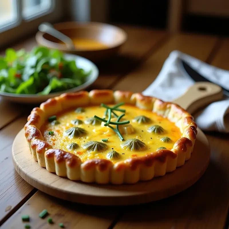 Tarte aux poireaux francesa con queso Gruyère gratinado, masa brisa dorada y puerros caramelizados, servida en molde de cerámica sobre tabla de madera rústica con fondo de cocina acogedora.